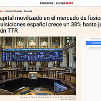 El capital movilizado en el mercado de fusiones y adquisiciones espaol crece un 38% hasta julio, segn TTR